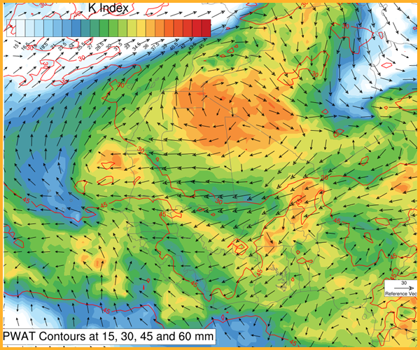 K-Index, PWAT and max shear from 925-800 hPa to 700-500 hPa:w
