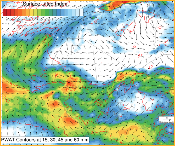 Lifted-Index, PWAT and max shear from 925-800 hPa to 700-500 hPa